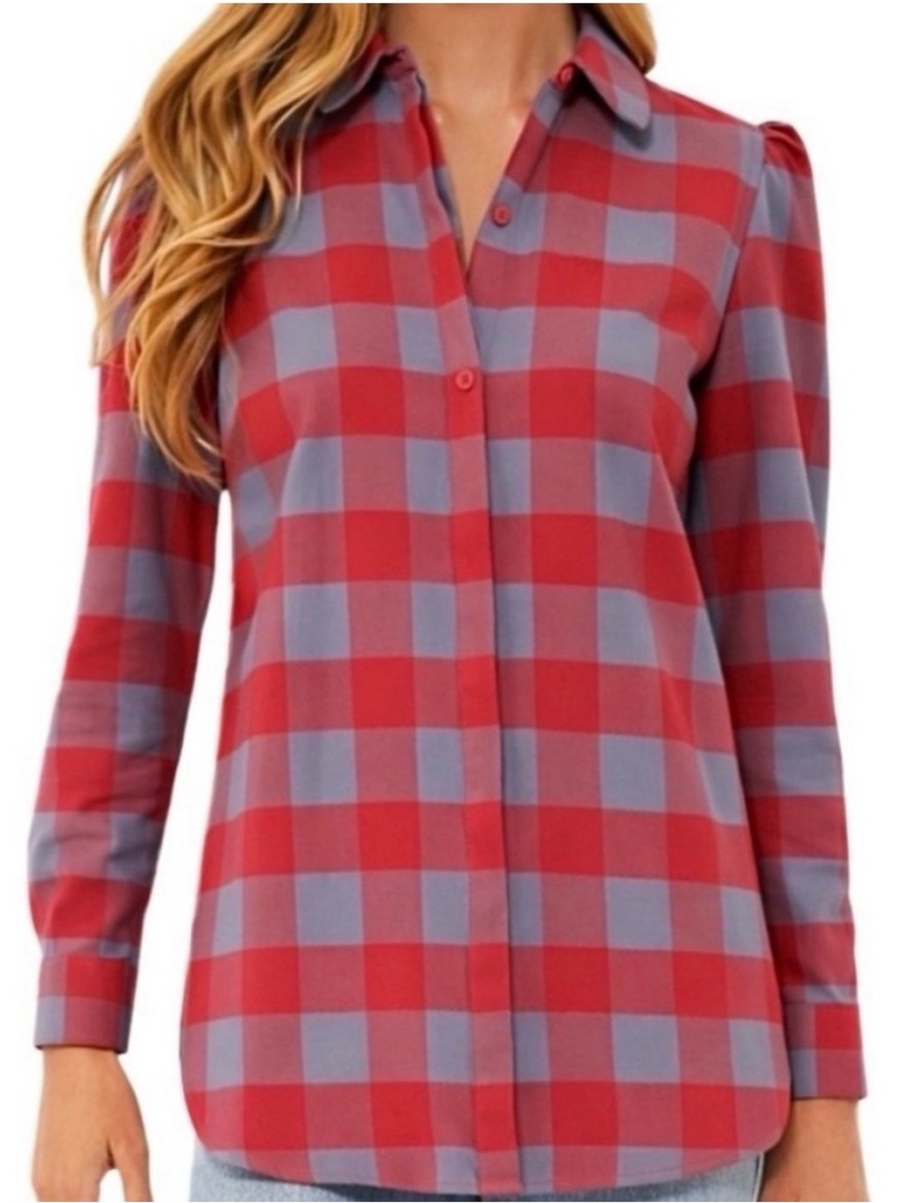 Tuckernuck Red and Gray Buffalo Plaid Button-Up Blouse